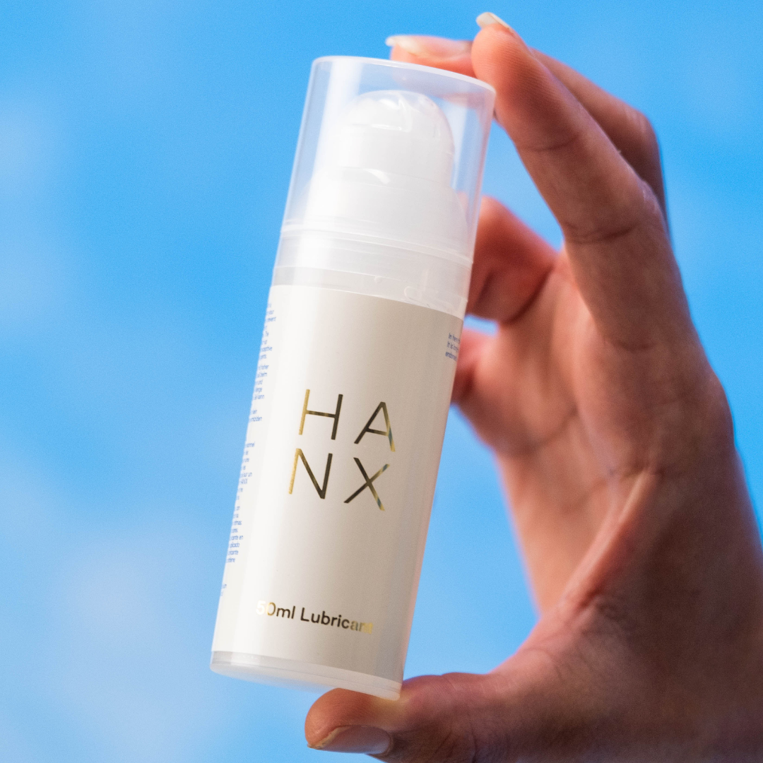 A 50ml bottle of HANX water-based lubricant - menopause and post-partum friendly, it helps battle vaginal dryness. Can be used alone or as part of intercourse. Compatible with condoms.